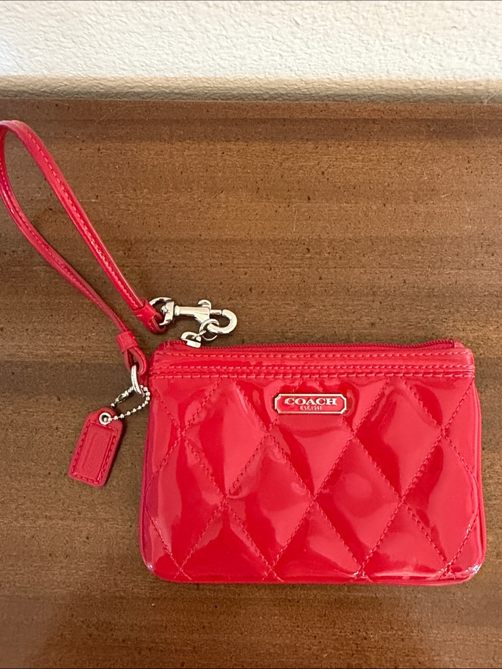Coach Poppy Diamond Quilted Patent Leather Wristlet in Bright Red